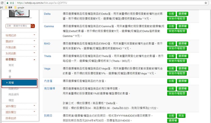 XS函數搜尋-期權報價欄位